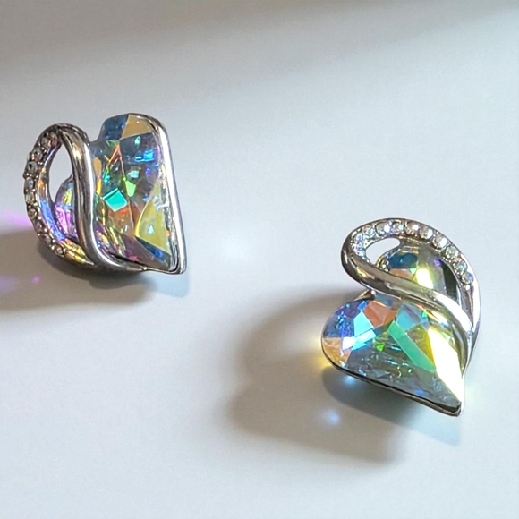 Swarovski Silver Aurora Borealis Crystal Heart Stud Earrings with Rhinestone Swo - Picture 2 of 4